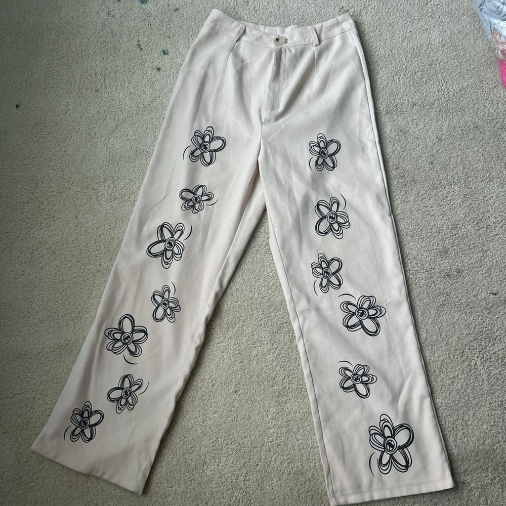 SHEIN Cream Floral Wide Leg Jeans